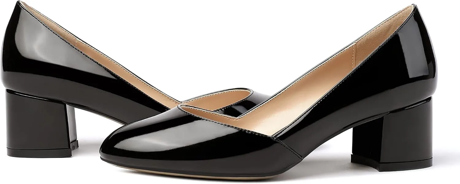 MODENCOCO Women's Block Round Toe Slip On Patent Chunky Low Heel Pumps Wedding Dress Shoes 2 Inch