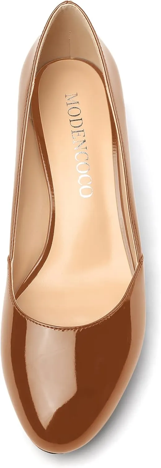 MODENCOCO Women's Block Round Toe Slip On Patent Chunky Low Heel Pumps Wedding Dress Shoes 2 Inch