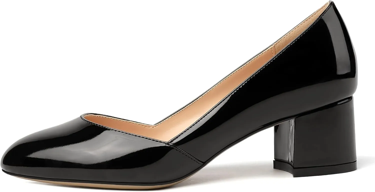 MODENCOCO Women's Block Round Toe Slip On Patent Chunky Low Heel Pumps Wedding Dress Shoes 2 Inch