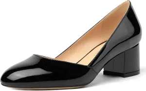 MODENCOCO Women's Block Round Toe Slip On Patent Chunky Low Heel Pumps Wedding Dress Shoes 2 Inch