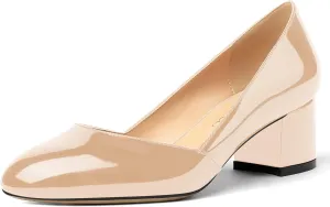 MODENCOCO Women's Block Round Toe Slip On Patent Chunky Low Heel Pumps Wedding Dress Shoes 2 Inch