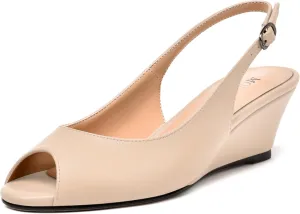 MODENCOCO Womens Slingback Comfortable Buckle Bridal Matte Dress Peep Toe Wedge Low Heel Pumps Shoes 2 Inch