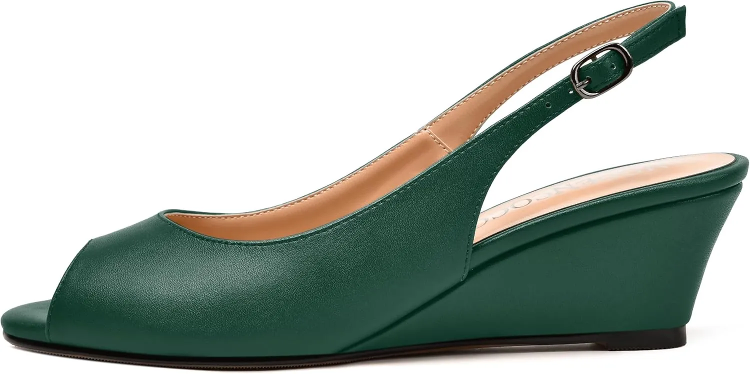 MODENCOCO Womens Slingback Comfortable Buckle Bridal Matte Dress Peep Toe Wedge Low Heel Pumps Shoes 2 Inch