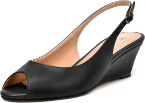MODENCOCO Womens Slingback Comfortable Buckle Bridal Matte Dress Peep Toe Wedge Low Heel Pumps Shoes 2 Inch