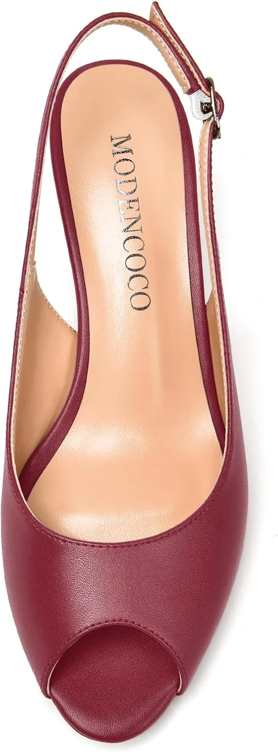 MODENCOCO Womens Slingback Comfortable Buckle Bridal Matte Dress Peep Toe Wedge Low Heel Pumps Shoes 2 Inch