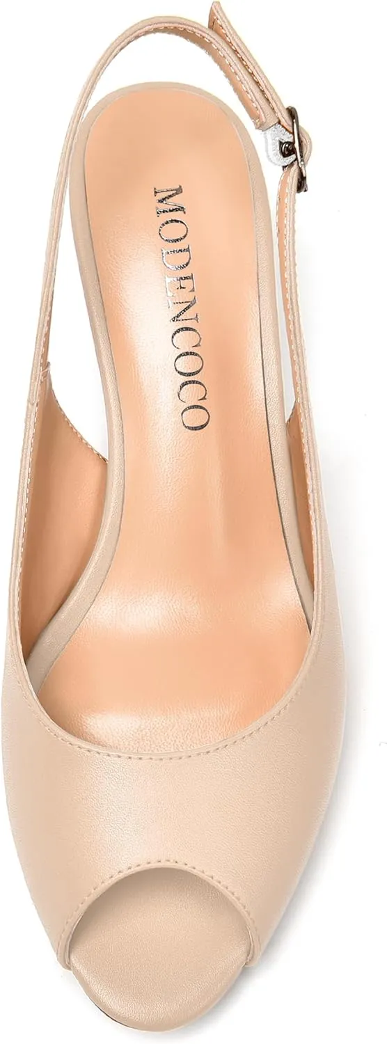 MODENCOCO Womens Slingback Comfortable Buckle Bridal Matte Dress Peep Toe Wedge Low Heel Pumps Shoes 2 Inch