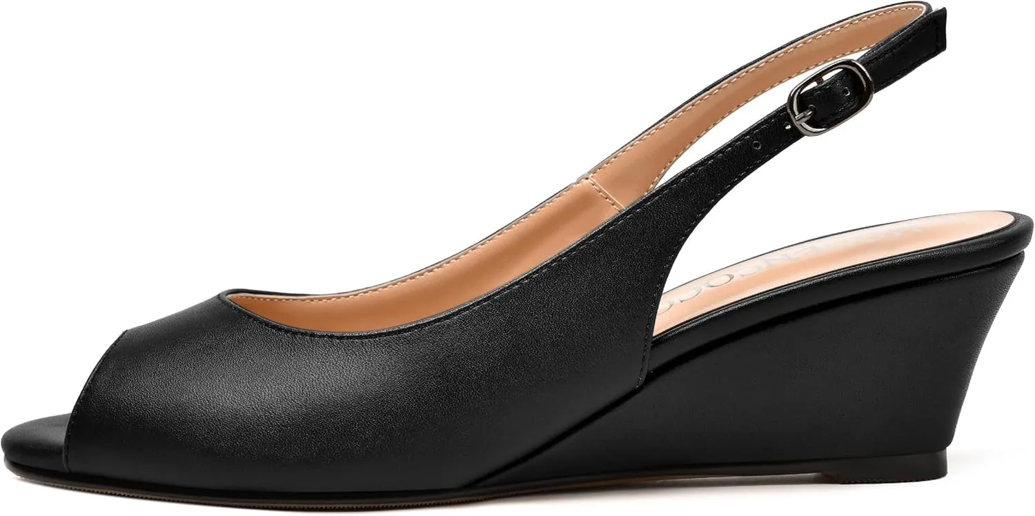 MODENCOCO Womens Slingback Comfortable Buckle Bridal Matte Dress Peep Toe Wedge Low Heel Pumps Shoes 2 Inch