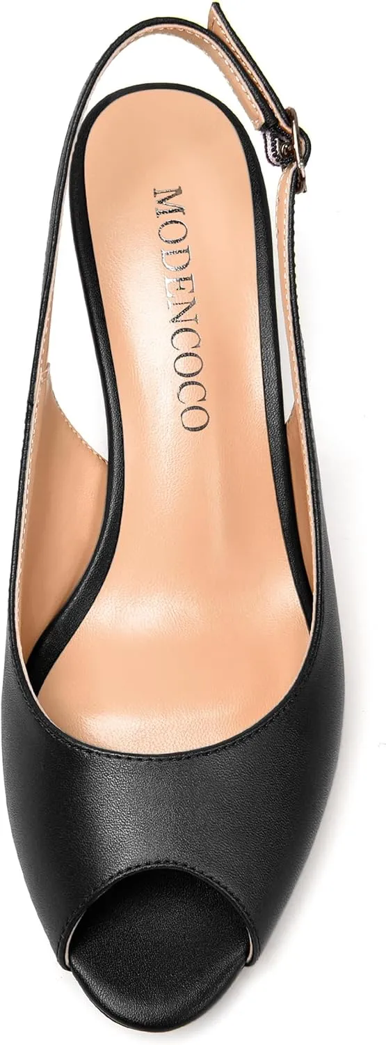 MODENCOCO Womens Slingback Comfortable Buckle Bridal Matte Dress Peep Toe Wedge Low Heel Pumps Shoes 2 Inch