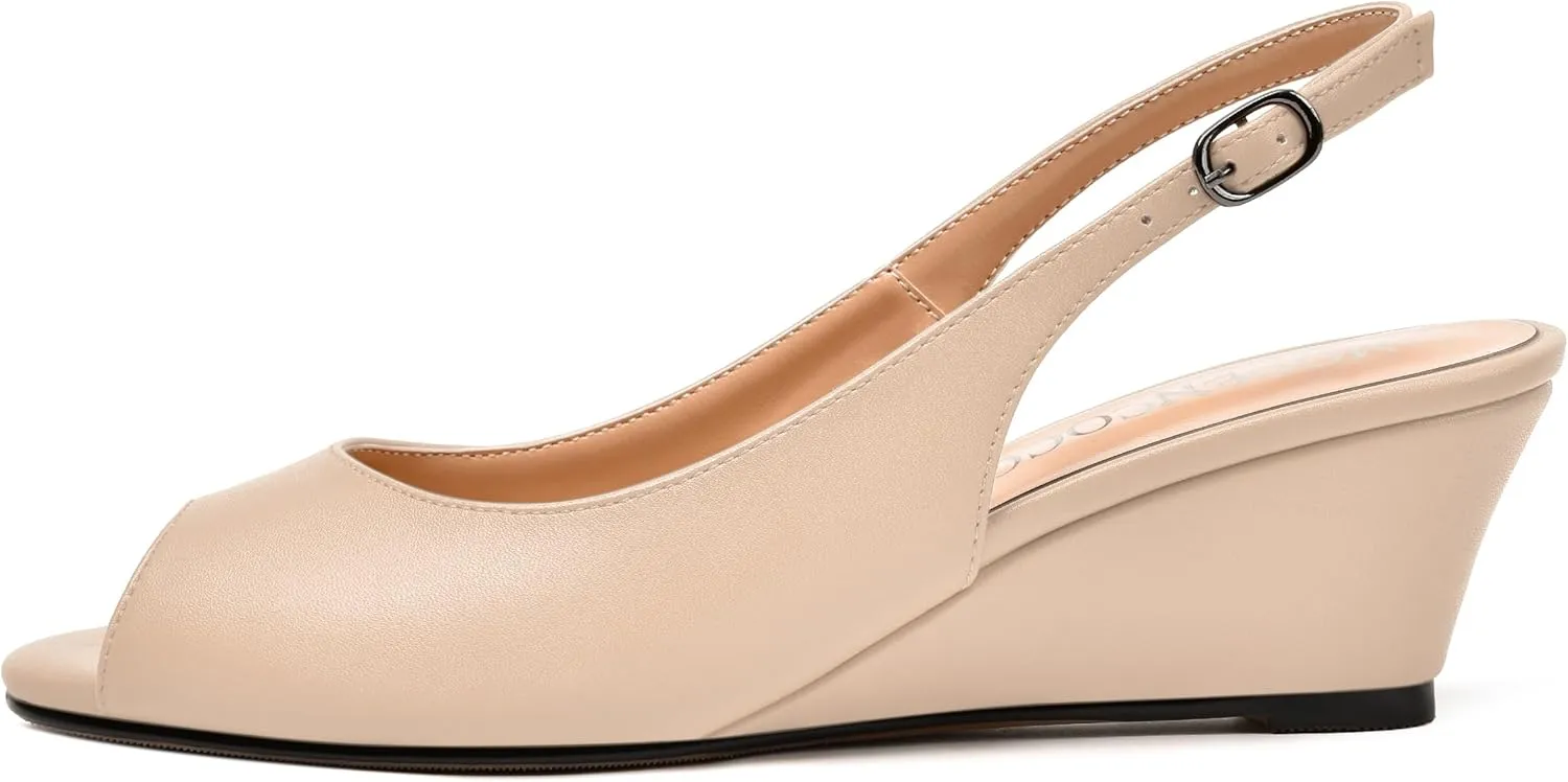 MODENCOCO Womens Slingback Comfortable Buckle Bridal Matte Dress Peep Toe Wedge Low Heel Pumps Shoes 2 Inch
