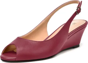 MODENCOCO Womens Slingback Comfortable Buckle Bridal Matte Dress Peep Toe Wedge Low Heel Pumps Shoes 2 Inch
