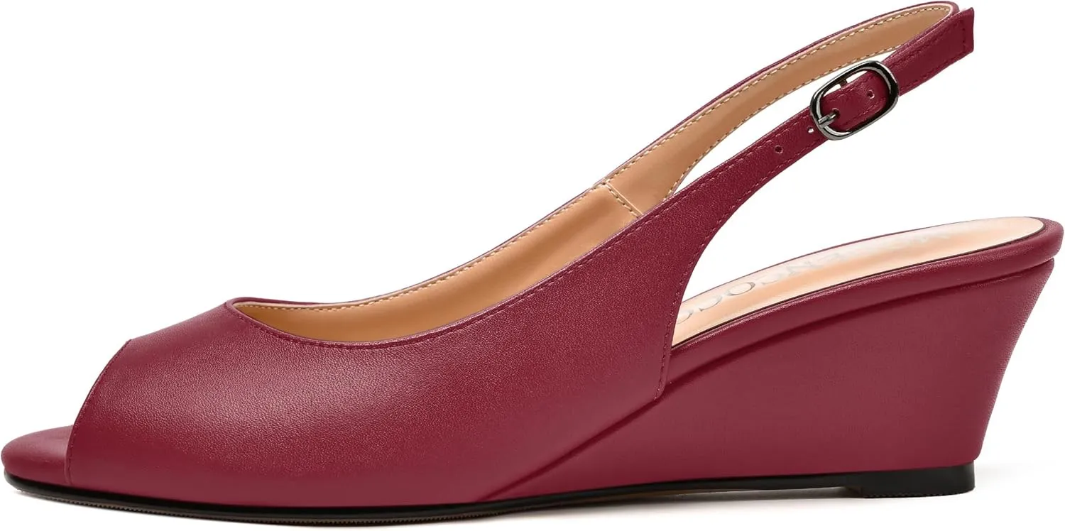 MODENCOCO Womens Slingback Comfortable Buckle Bridal Matte Dress Peep Toe Wedge Low Heel Pumps Shoes 2 Inch