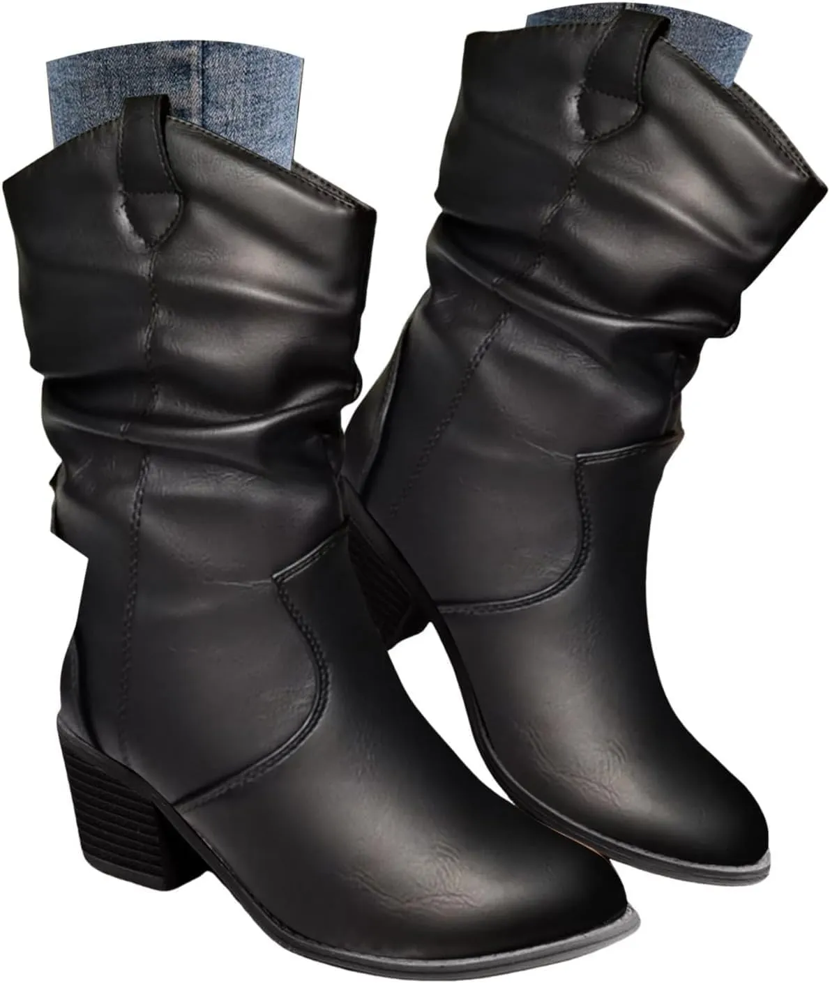 Modern Western Cowboy Boots for Women's Fashion Mid Calf Round toe Chunky Heel Cowgirl Ankle Boots Pull On Boots