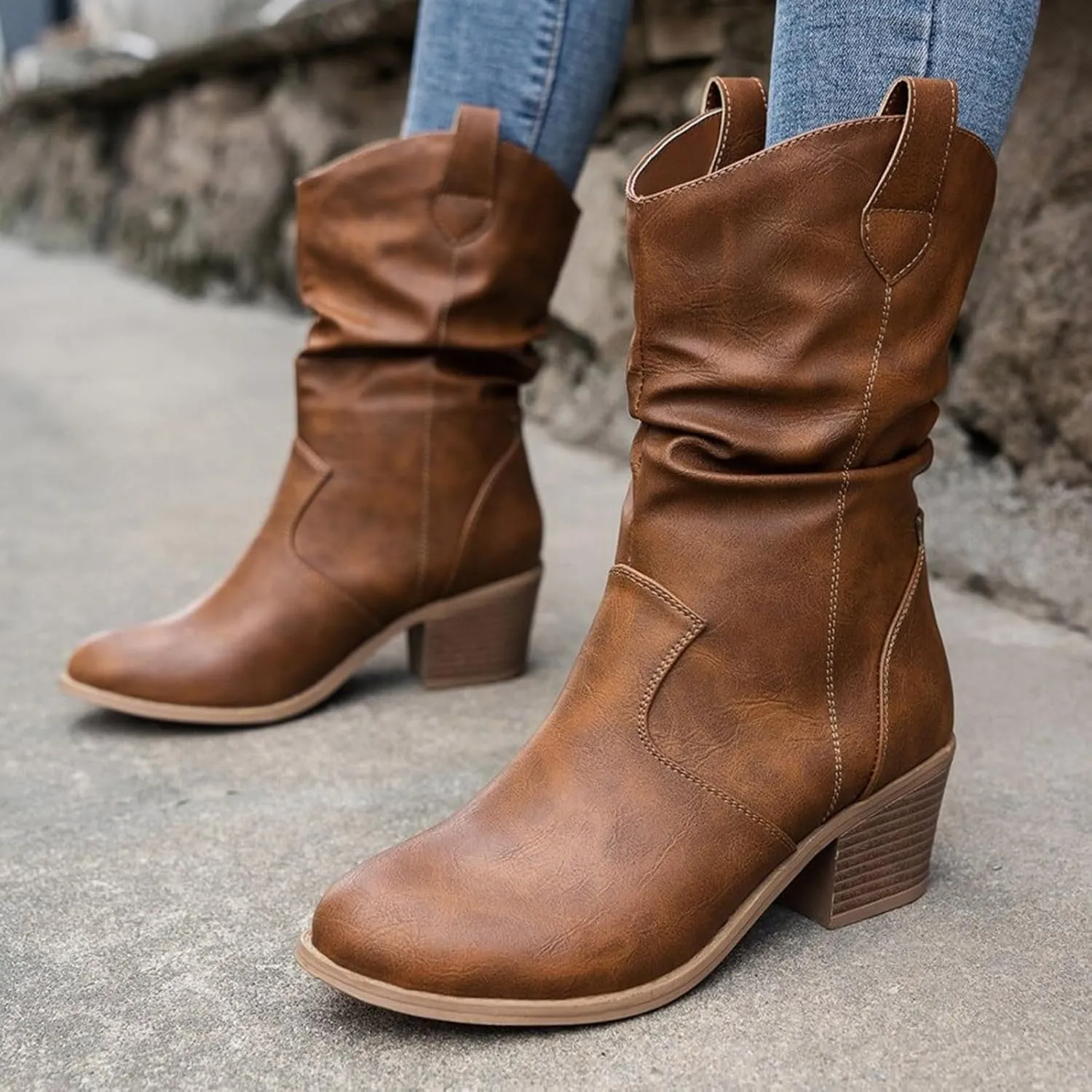 Modern Western Cowboy Boots for Women's Fashion Mid Calf Round toe Chunky Heel Cowgirl Ankle Boots Pull On Boots