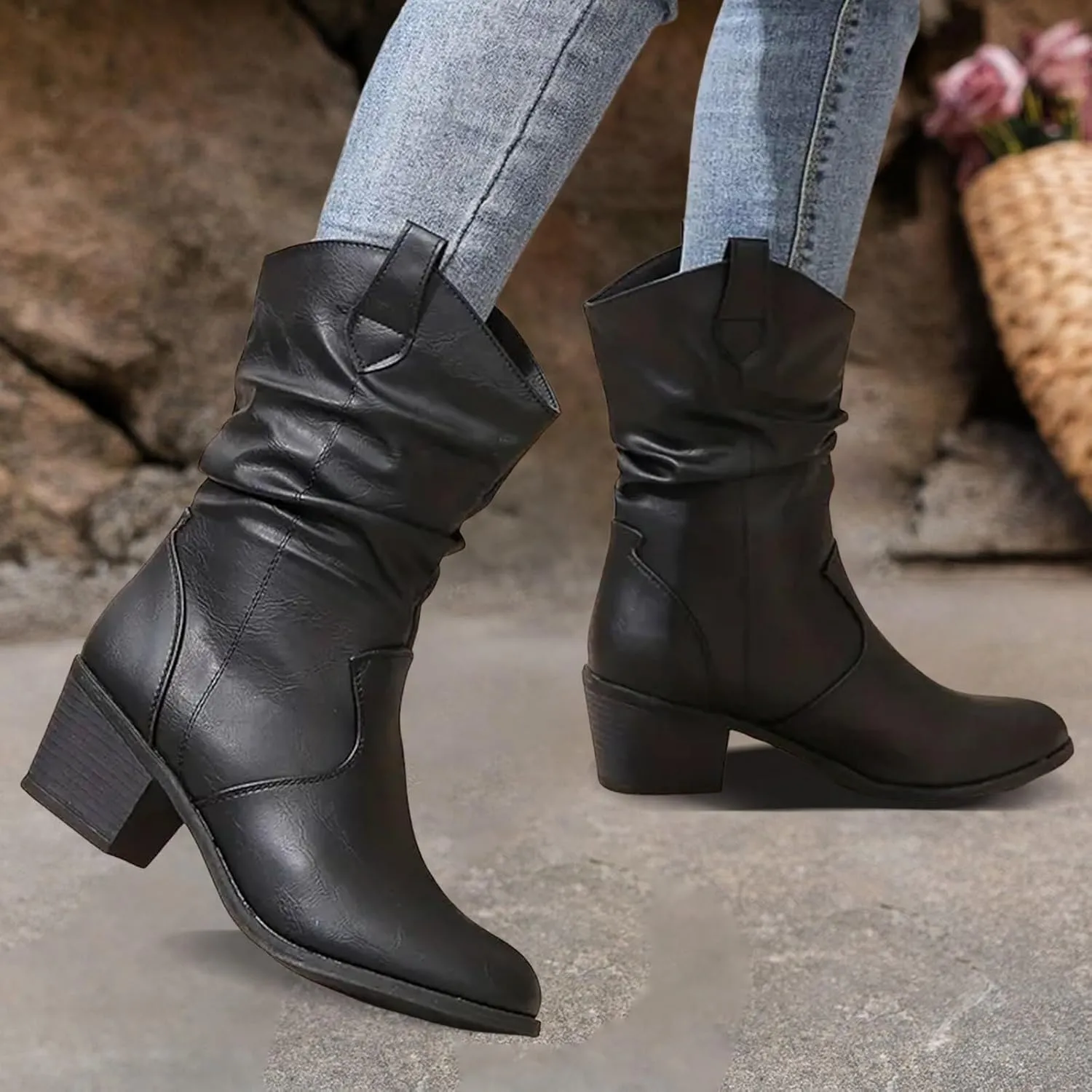 Modern Western Cowboy Boots for Women's Fashion Mid Calf Round toe Chunky Heel Cowgirl Ankle Boots Pull On Boots