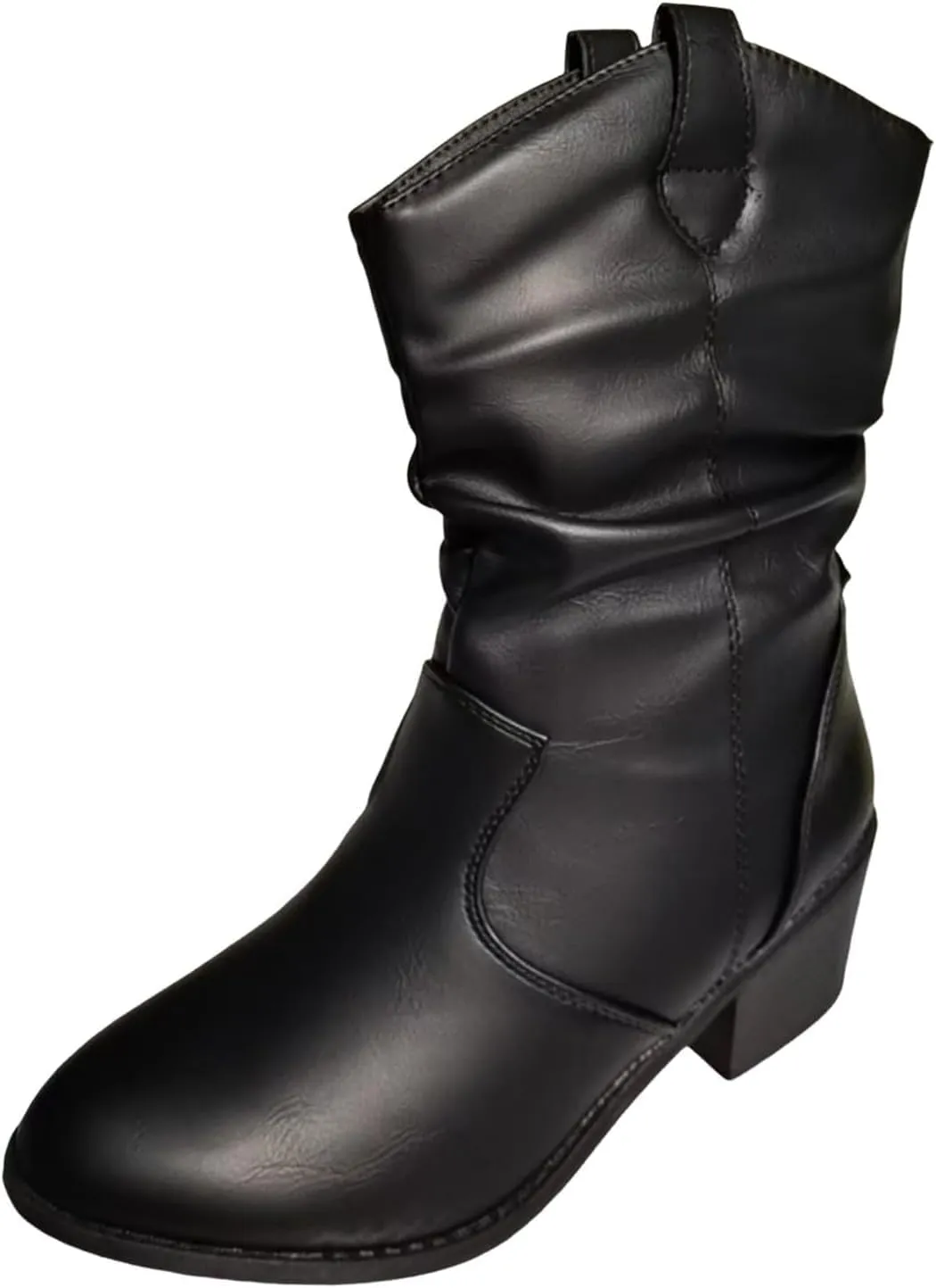 Modern Western Cowboy Boots for Women's Fashion Mid Calf Round toe Chunky Heel Cowgirl Ankle Boots Pull On Boots