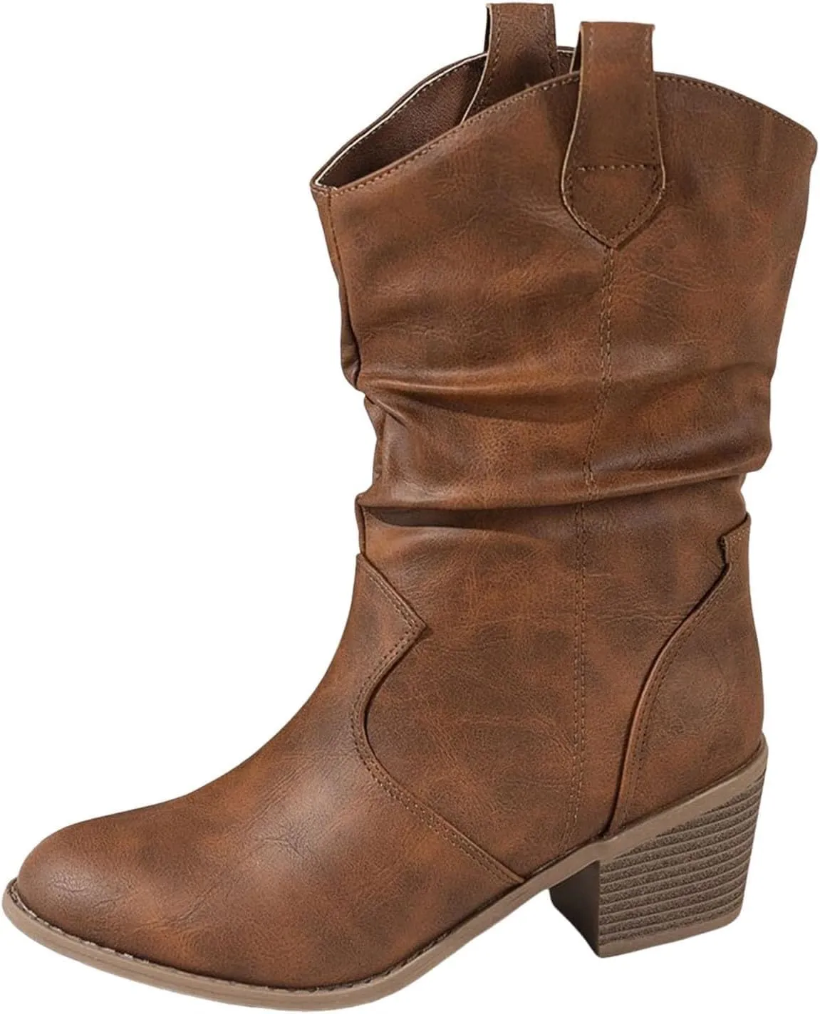 Modern Western Cowboy Boots for Women's Fashion Mid Calf Round toe Chunky Heel Cowgirl Ankle Boots Pull On Boots
