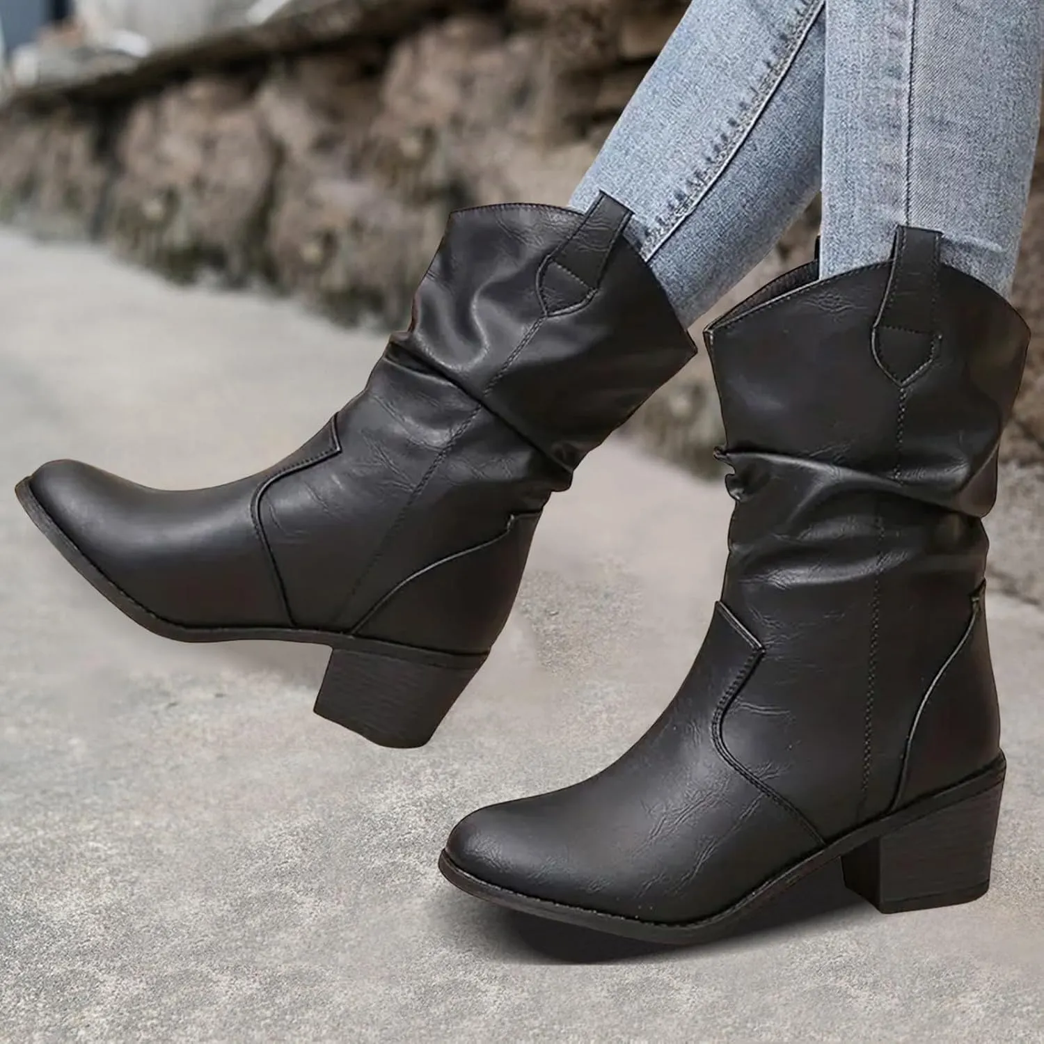 Modern Western Cowboy Boots for Women's Fashion Mid Calf Round toe Chunky Heel Cowgirl Ankle Boots Pull On Boots