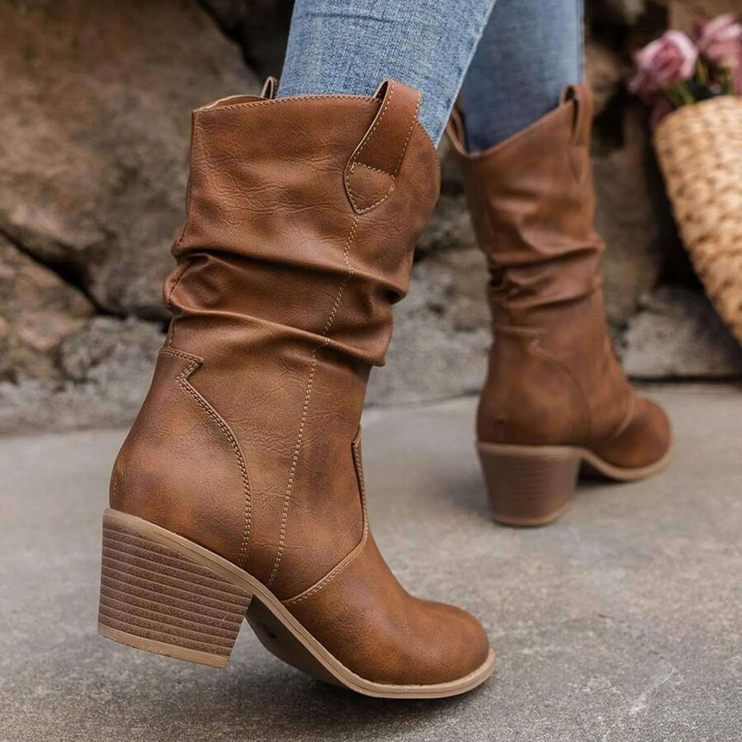 Modern Western Cowboy Boots for Women's Fashion Mid Calf Round toe Chunky Heel Cowgirl Ankle Boots Pull On Boots