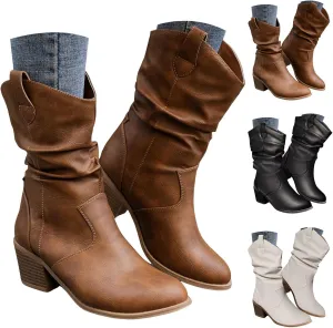 Modern Western Cowboy Boots for Women's Fashion Mid Calf Round toe Chunky Heel Cowgirl Ankle Boots Pull On Boots