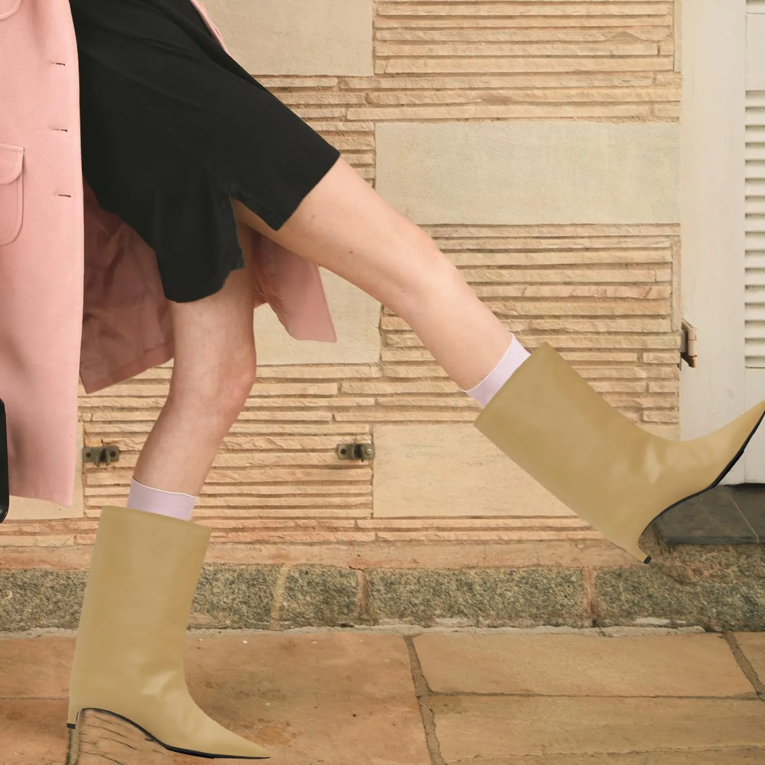 MOOMMO Women Kitten Heel Calf Boots Pointed Toe Pull On Wide Calf Boots Slouch Comfort 1.5 inch Low Heel Mid Calf Dress Boots Matte Short Boots Casual Party 4-11 M US