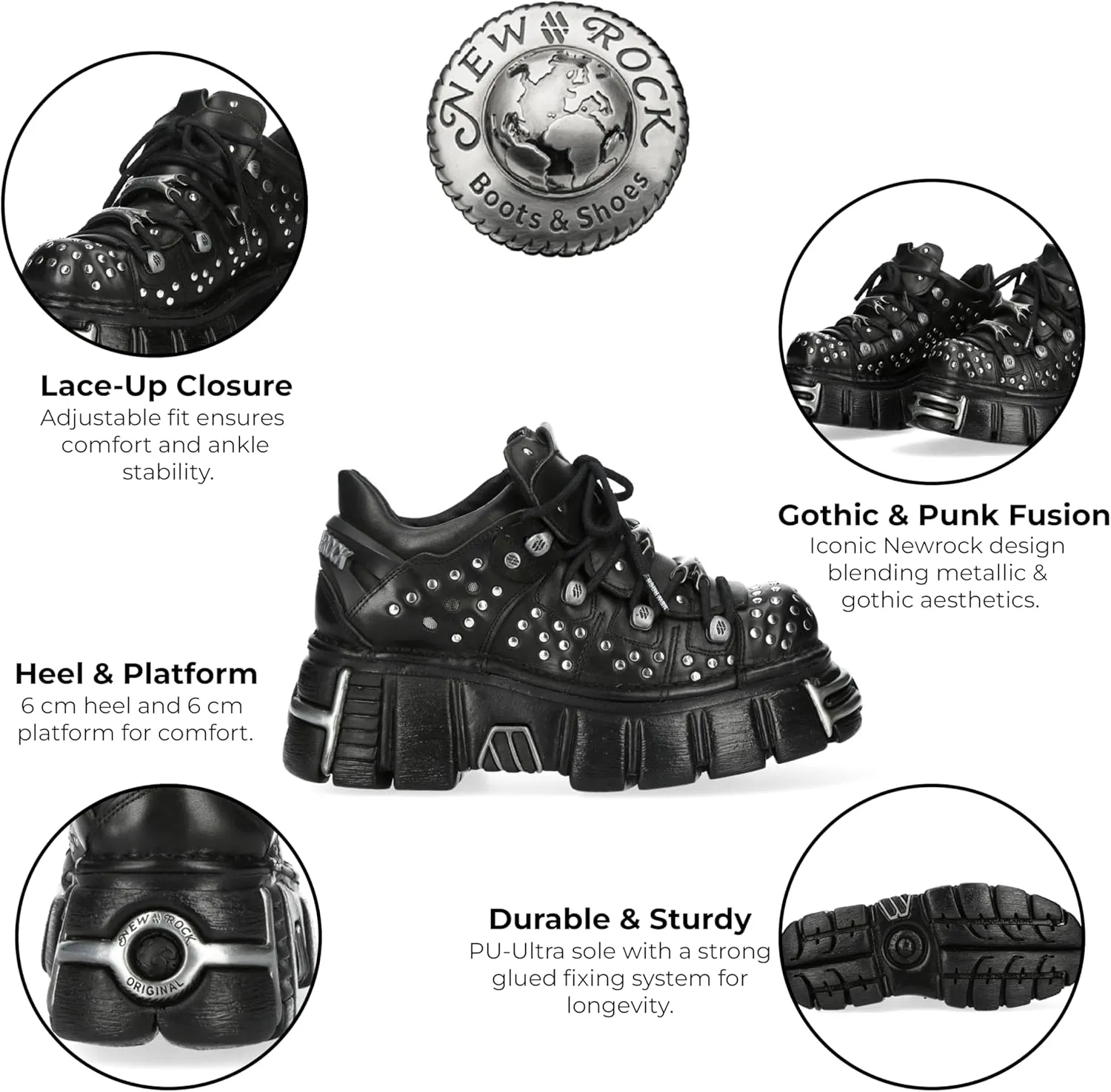 New Rock M-120NR-C1 Black Leather Gothic Platform Ankle Boots