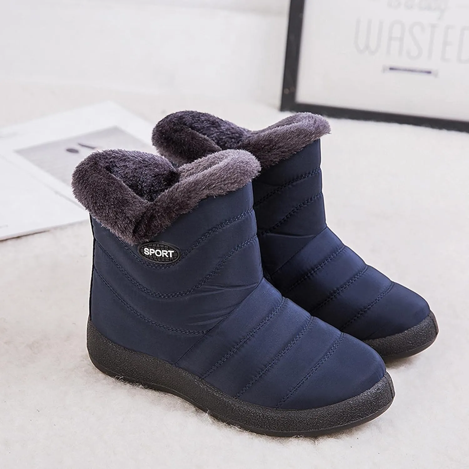 oiangi Snow Boots for Women Waterproof Fashion Solid Round Toe Slip-on Platform Ankle Boots Winter Comfortable Warm Quilted Outdoor Casual Flat Shoes