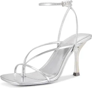 olomisa Strappy Heels for Women Square Toe Thong Heels Ankle Strap Stiletto Heeled Sandals