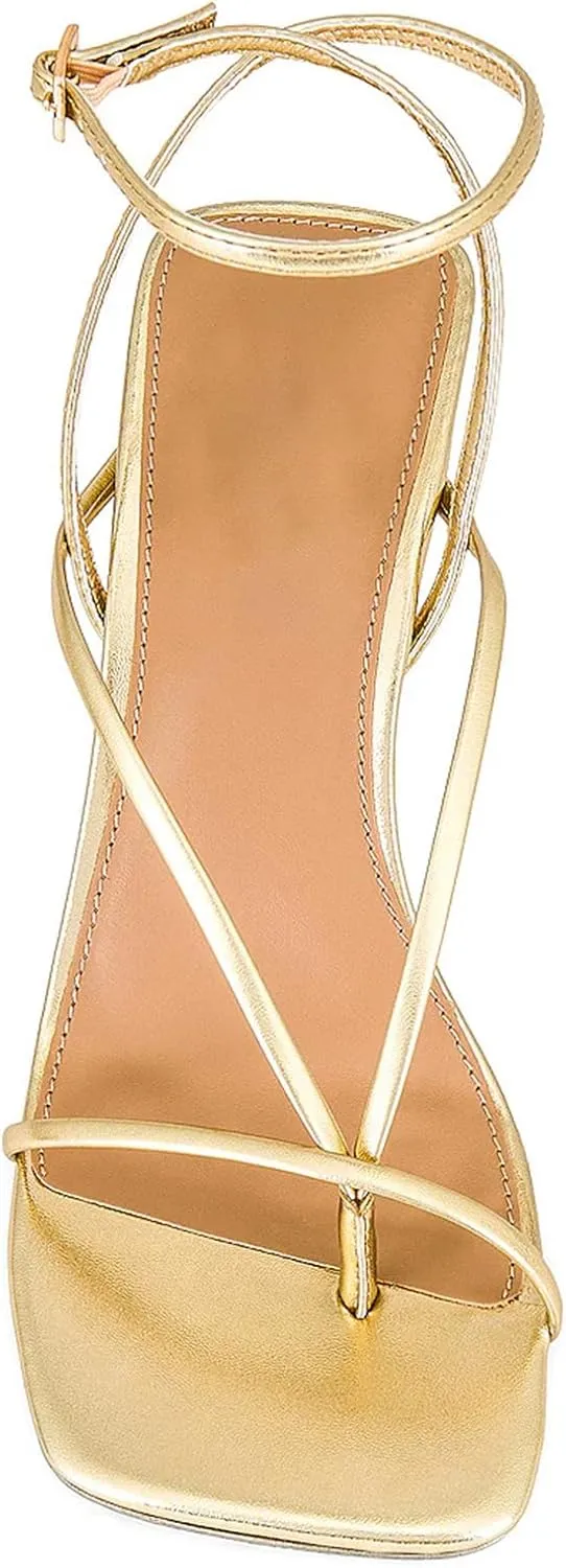 olomisa Strappy Heels for Women Square Toe Thong Heels Ankle Strap Stiletto Heeled Sandals