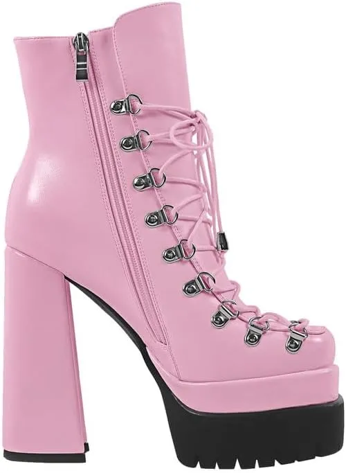 onlymaker Double Platform Ankle Boots Chunky High Heels Lace up side Zippers Square Toe Platform Booty