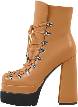 onlymaker Double Platform Ankle Boots Chunky High Heels Lace up side Zippers Square Toe Platform Booty