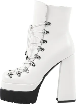 onlymaker Double Platform Ankle Boots Chunky High Heels Lace up side Zippers Square Toe Platform Booty