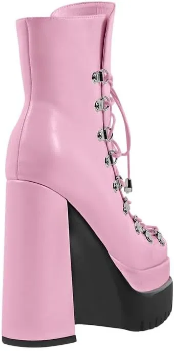 onlymaker Double Platform Ankle Boots Chunky High Heels Lace up side Zippers Square Toe Platform Booty