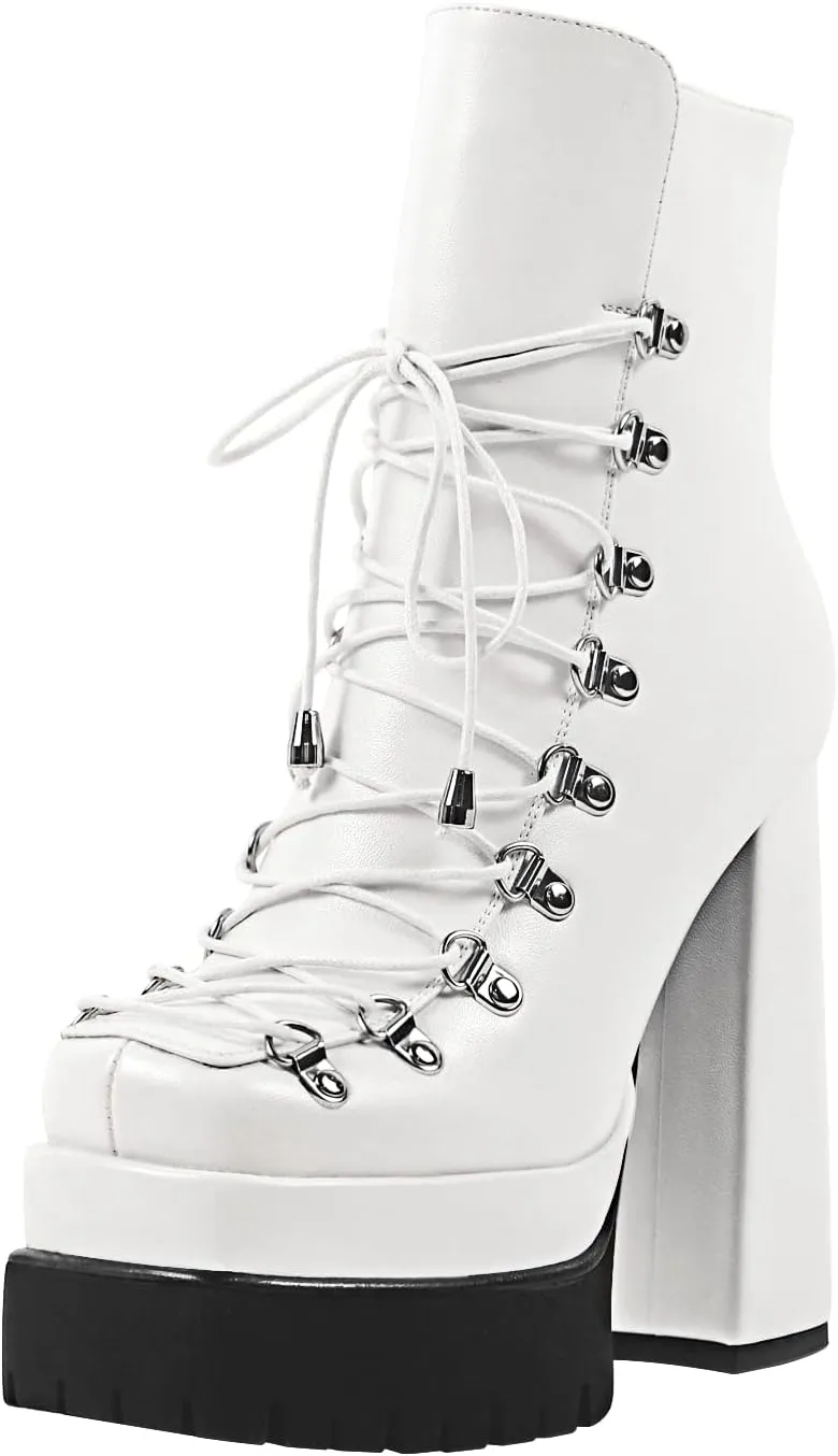 onlymaker Double Platform Ankle Boots Chunky High Heels Lace up side Zippers Square Toe Platform Booty