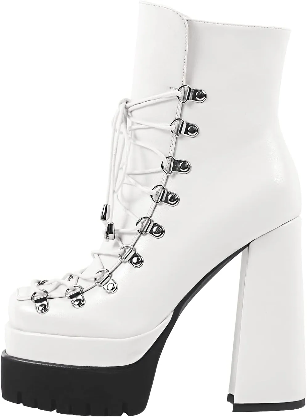 onlymaker Double Platform Ankle Boots Chunky High Heels Lace up side Zippers Square Toe Platform Booty