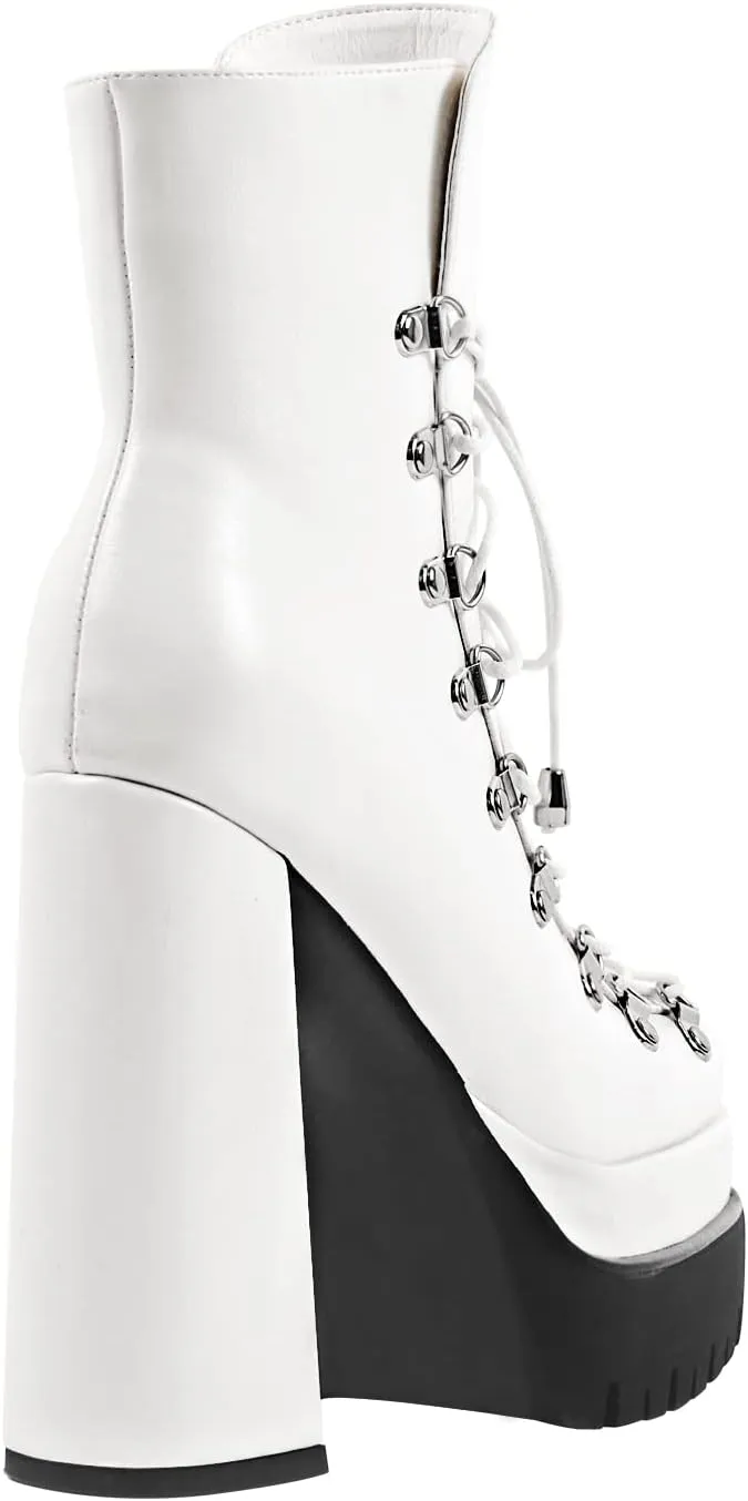 onlymaker Double Platform Ankle Boots Chunky High Heels Lace up side Zippers Square Toe Platform Booty