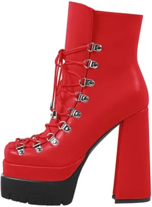 onlymaker Double Platform Ankle Boots Chunky High Heels Lace up side Zippers Square Toe Platform Booty