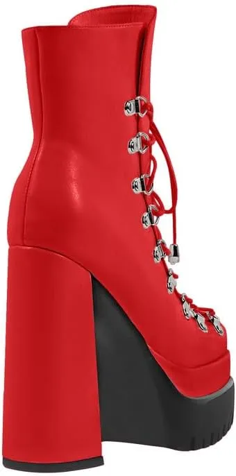 onlymaker Double Platform Ankle Boots Chunky High Heels Lace up side Zippers Square Toe Platform Booty