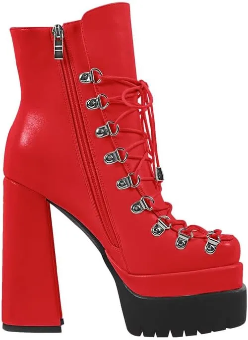 onlymaker Double Platform Ankle Boots Chunky High Heels Lace up side Zippers Square Toe Platform Booty