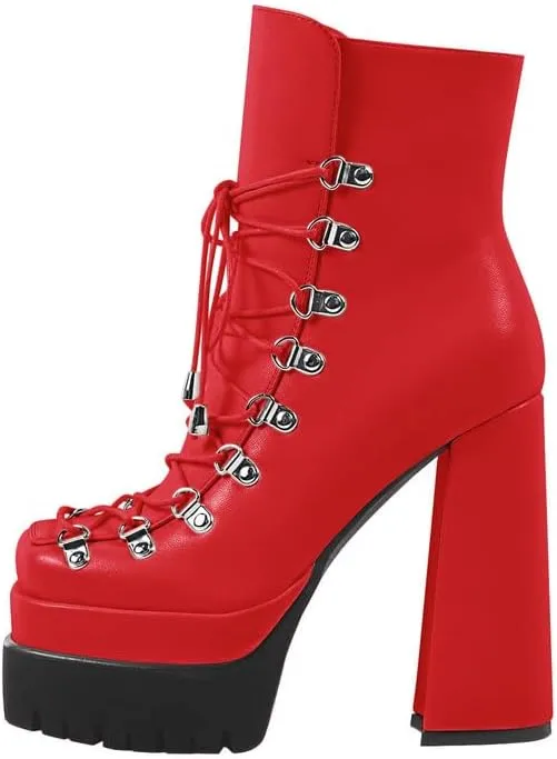 onlymaker Double Platform Ankle Boots Chunky High Heels Lace up side Zippers Square Toe Platform Booty