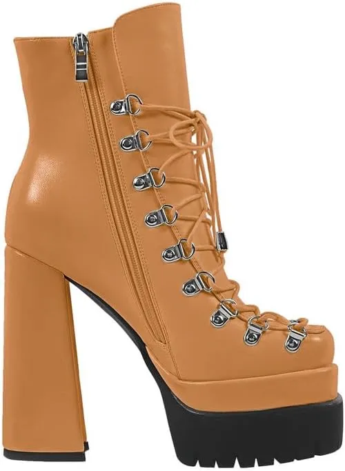 onlymaker Double Platform Ankle Boots Chunky High Heels Lace up side Zippers Square Toe Platform Booty