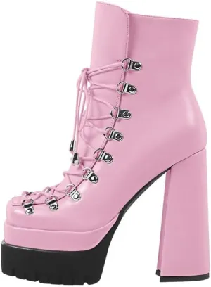 onlymaker Double Platform Ankle Boots Chunky High Heels Lace up side Zippers Square Toe Platform Booty