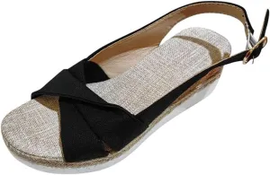 Orthopedic Sandals for Women Fashion Fish Mouth Slingback Non Slip Wedge Canvas Sandals with Arch Support Ladies Elegant Buckle Ankle Strap Summer Beach Walking Shoes