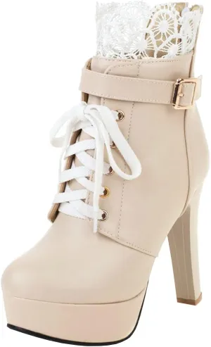 Parisuit Womens Chunky Platform Ankle Boots High Heel Lace Up Boots Sweet Lace Back Zipper Shoes