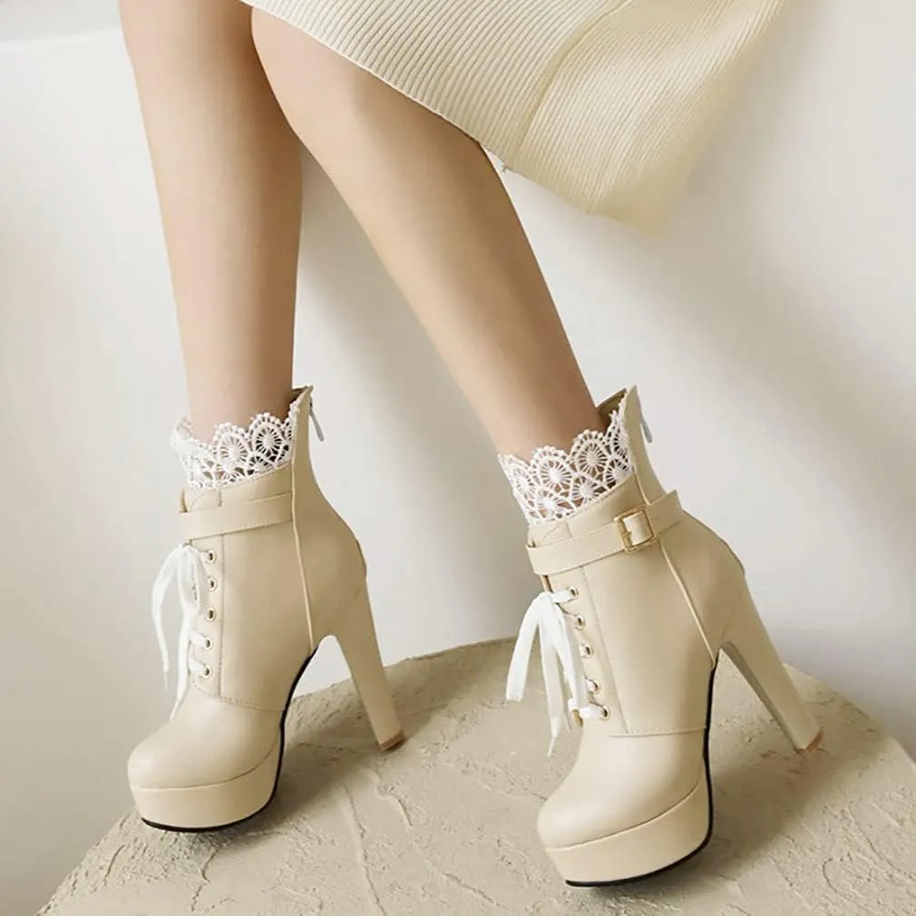 Parisuit Womens Chunky Platform Ankle Boots High Heel Lace Up Boots Sweet Lace Back Zipper Shoes