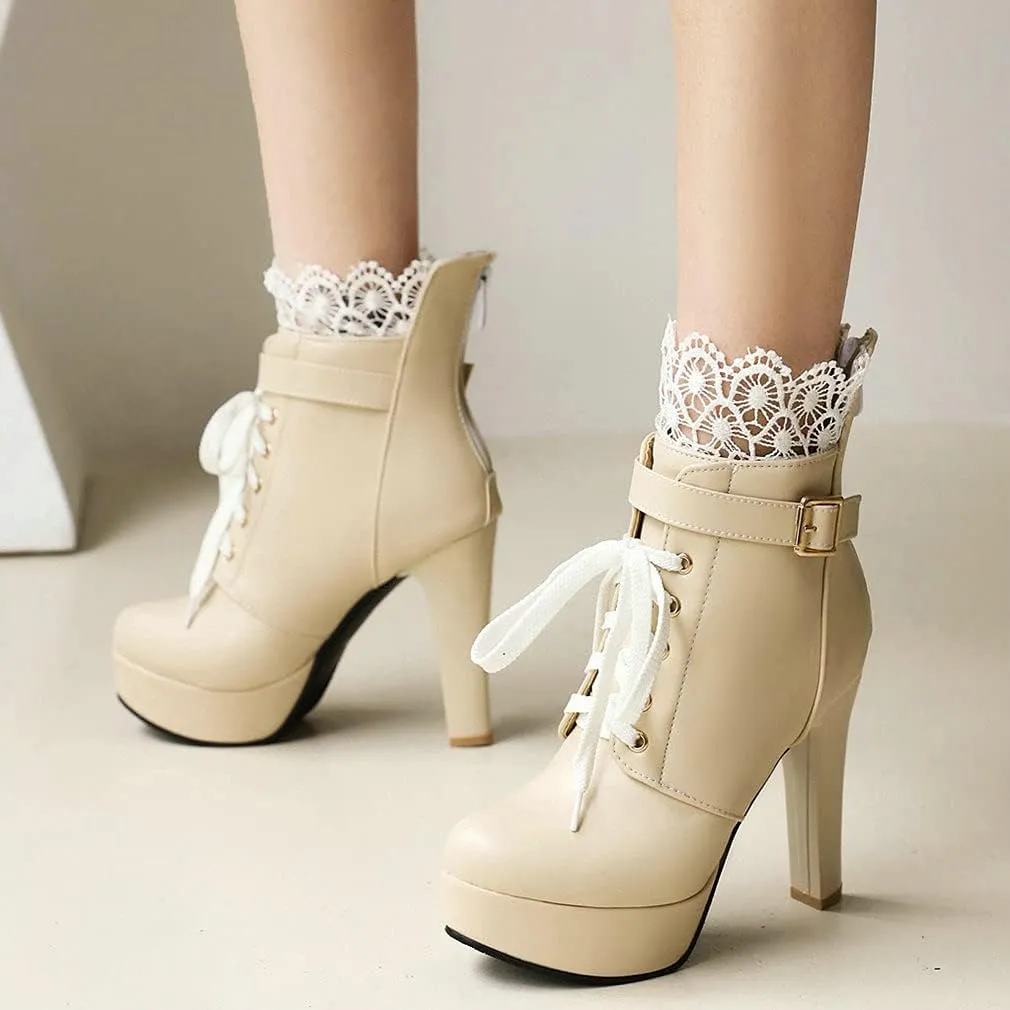 Parisuit Womens Chunky Platform Ankle Boots High Heel Lace Up Boots Sweet Lace Back Zipper Shoes