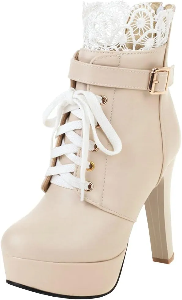 Parisuit Womens Chunky Platform Ankle Boots High Heel Lace Up Boots Sweet Lace Back Zipper Shoes
