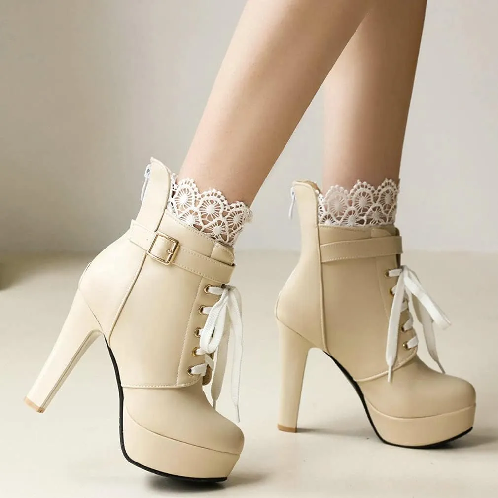 Parisuit Womens Chunky Platform Ankle Boots High Heel Lace Up Boots Sweet Lace Back Zipper Shoes