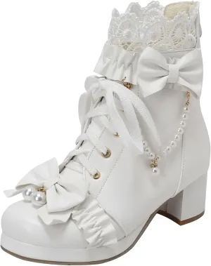 Parisuit Womens Cute Pearl Bow Goth Lolita Boots Chunky Heel Ankle Boots Platform Lace Up Booties Sweet Lace Cosplay Shoes