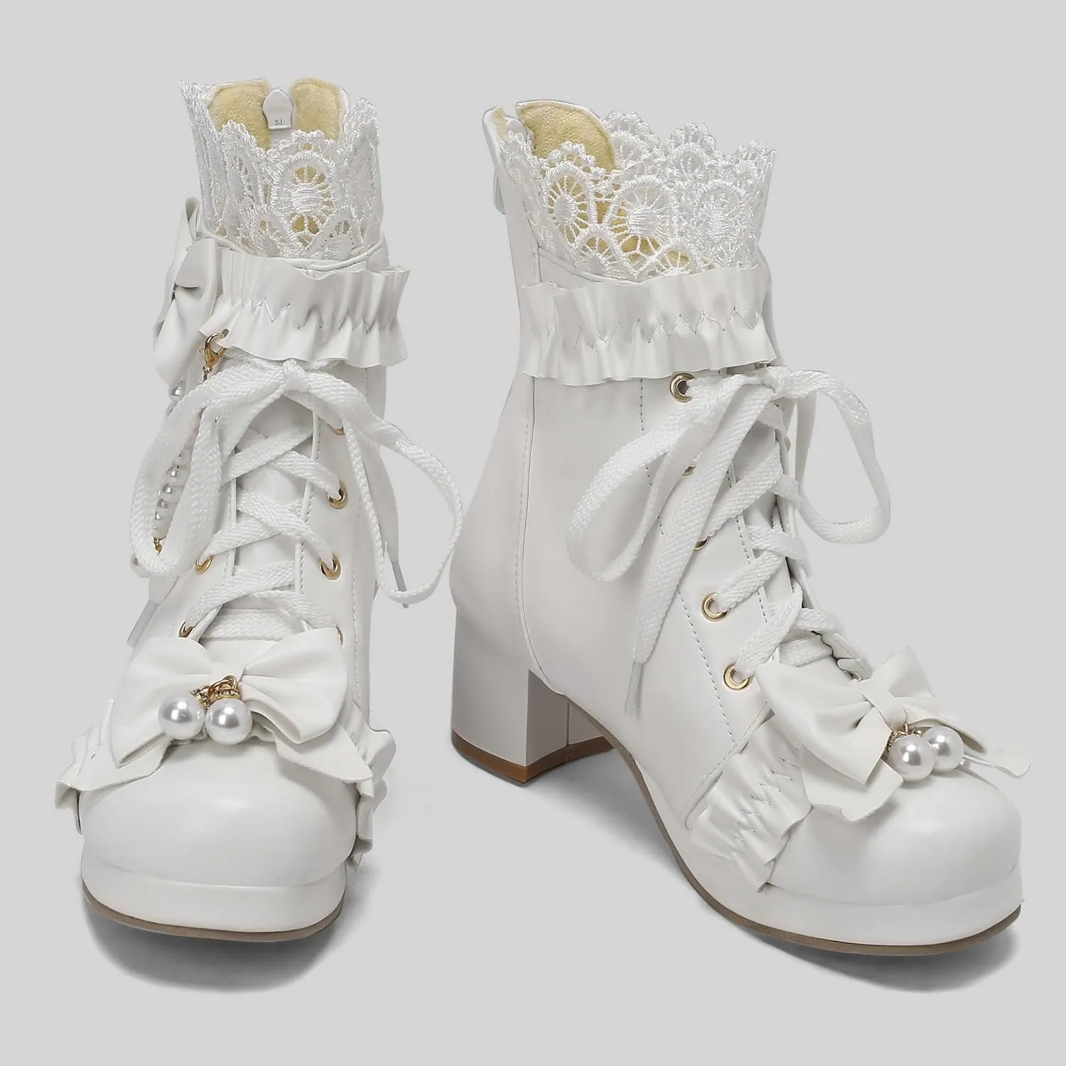 Parisuit Womens Cute Pearl Bow Goth Lolita Boots Chunky Heel Ankle Boots Platform Lace Up Booties Sweet Lace Cosplay Shoes