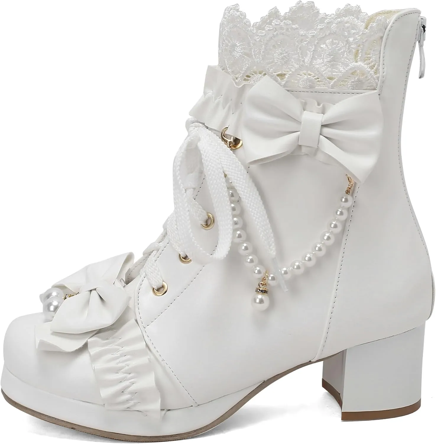 Parisuit Womens Cute Pearl Bow Goth Lolita Boots Chunky Heel Ankle Boots Platform Lace Up Booties Sweet Lace Cosplay Shoes